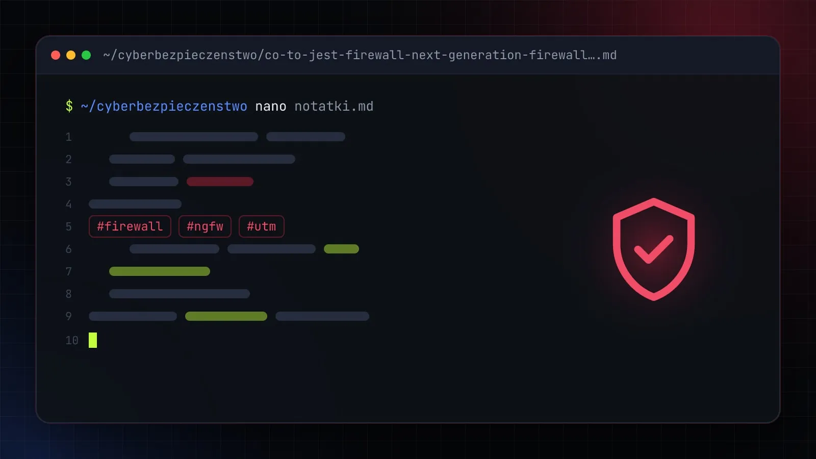 Ilustracja do artykułu „Firewall, Next Generation Firewall (NGFW) i UTM – co to jest i czym się różnią” — okno edytora z ikoną działu Cyberbezpieczeństwo