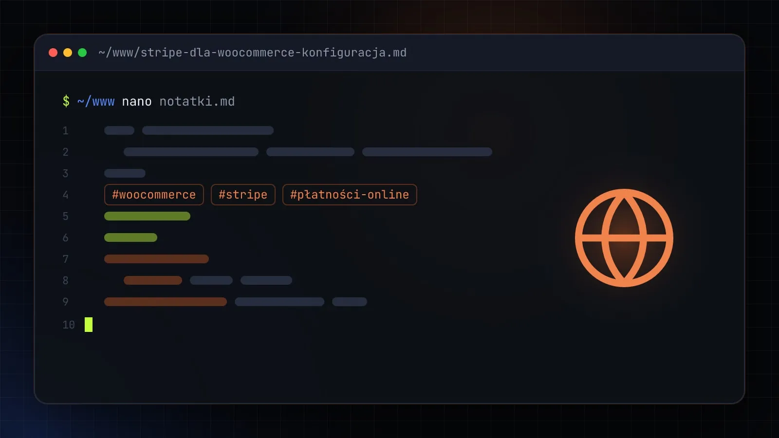 Ilustracja do artykułu „Stripe dla WooCommerce — konfiguracja krok po kroku (karty, BLIK, Apple Pay, webhooki)” — okno edytora z ikoną działu WWW i WordPress